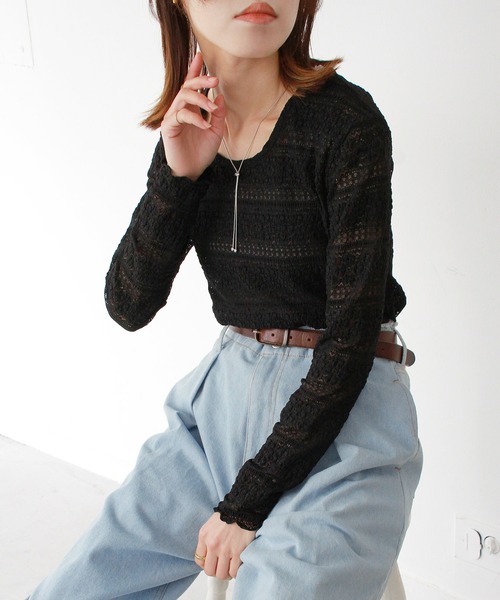 Crisp（クリスプ）の「シアーレースTシャツ（Tシャツ/カットソー・レディース・ブラック/アイボリー/ブルー/ホワイト・FREE）」の10枚目の写真