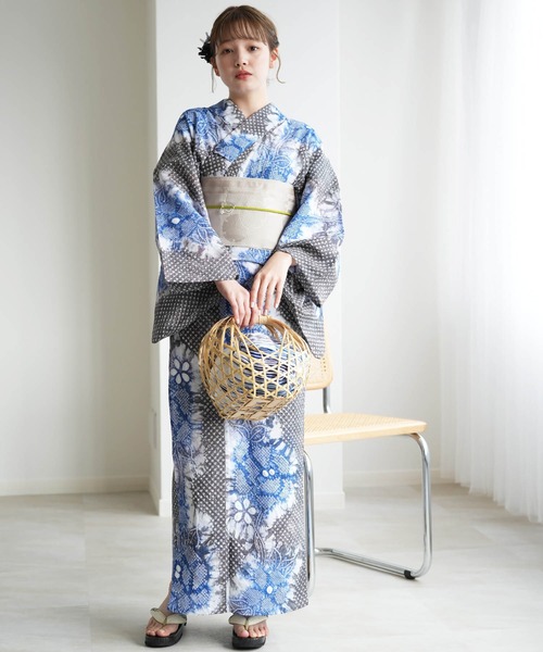 有松絞り　浴衣　水色　花 utatane 浴衣 有松絞り浴衣3点セット 墨色にサファイアの花