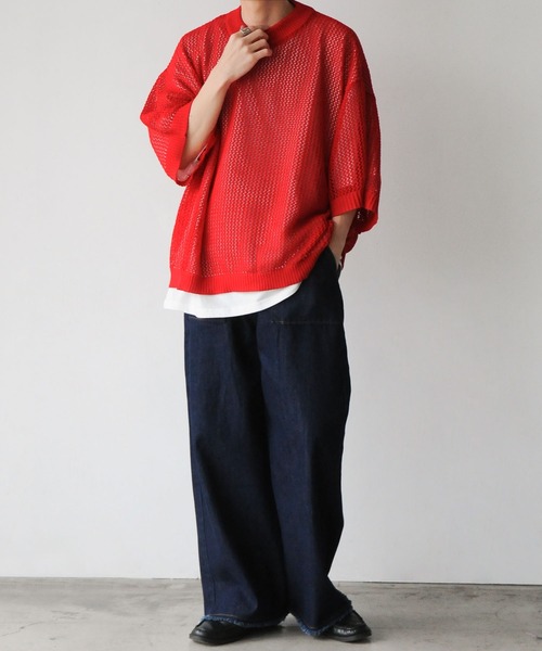 NILWAY（ニルウェイ）の「透かし編みシアー半袖サマーニット（ニット/セーター・メンズ・ライトブルー/アイボリー/ブラック/レッド・LARGE/MEDIUM）」の18枚目の写真