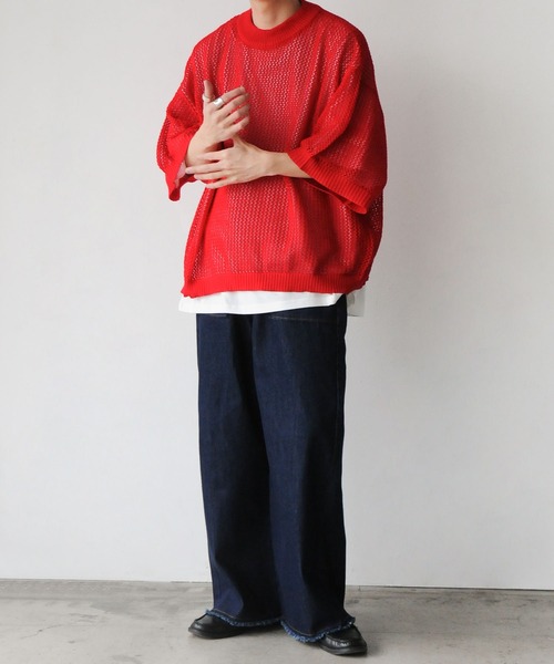 NILWAY（ニルウェイ）の「透かし編みシアー半袖サマーニット（ニット/セーター・メンズ・ライトブルー/アイボリー/ブラック/レッド・LARGE/MEDIUM）」の19枚目の写真