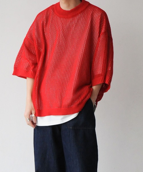 NILWAY（ニルウェイ）の「透かし編みシアー半袖サマーニット（ニット/セーター・メンズ・ライトブルー/アイボリー/ブラック/レッド・LARGE/MEDIUM）」の20枚目の写真