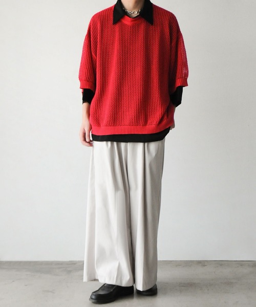 NILWAY（ニルウェイ）の「透かし編みシアー半袖サマーニット（ニット/セーター・メンズ・ライトブルー/アイボリー/ブラック/レッド・LARGE/MEDIUM）」の21枚目の写真