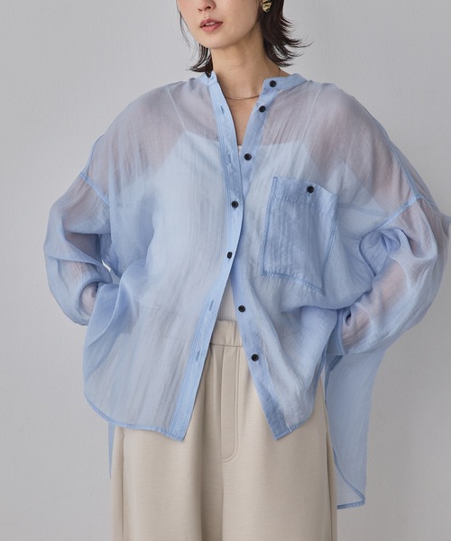 hunch(ハンチ)の「【WEB限定/別注】バンドカラー シアーシャツ(シャツ/ブラウス・レディース・カーキ/アイボリー/ブラウン/ライトグレー/ダークグレー/ラベンダー/ブルー/イエロー/ピンク・FREE)」の7枚目の写真