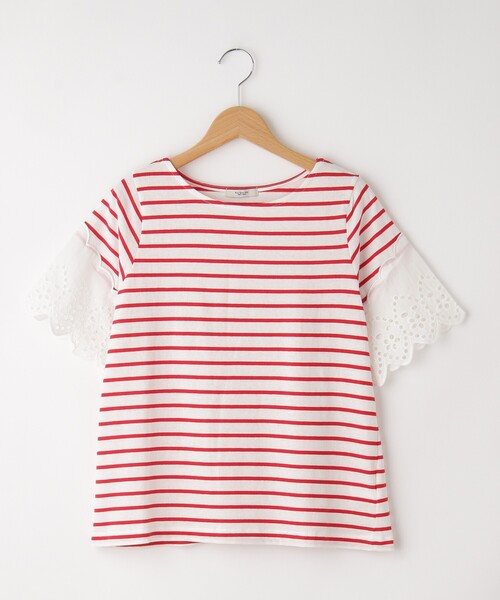 &Bridge(アンドブリッジ)の「POU DOU DOU(プードゥドゥ) 袖レースボーダーカットソー(Tシャツ/カットソー・レディース・レッド系3・02)」の1枚目の写真
