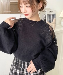 moment+ | ビジュー付きフラワー刺繍ショルダーレースニットプルオーバー(ニット/セーター)