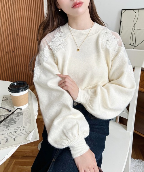 ルーデルー ビジュー付フラワー刺繍リブニット トップス 長袖 春秋冬 ミント Rew de Rew - ルーデルー ビジュー付フラワー刺繍リブニット トップス