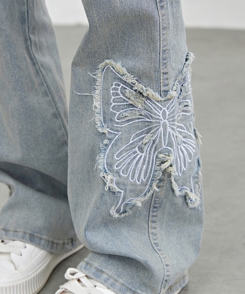 国内配送★Rouje ロゴ刺繍 ハイウエスト フレアレッグ ジーンズ ウィメンズハイウエスト フィット エラスティック フレアレッグ
