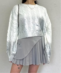 Per sist ence | シルバー箔プリントクロップド丈ケーブルプルオーバー(ニット/セーター)