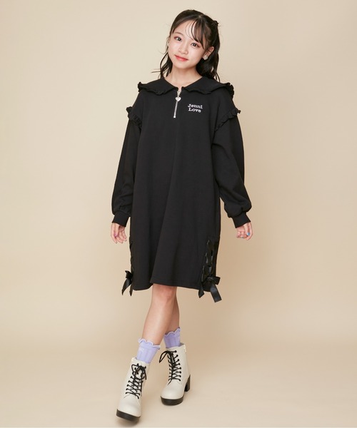 JENNI love(ジェニィラブ)の「【コットン100%】すそレースアップセーラーワンピ(ワンピース・キッズ・ブラック/ラベンダー・130cm/140cm/160cm/150cm)」の4枚目の写真