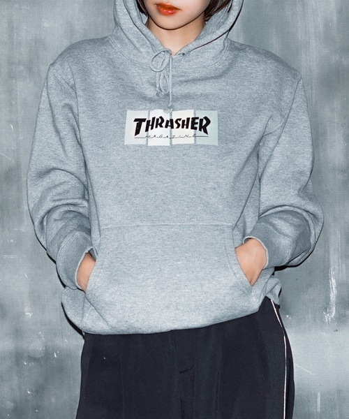 THRASHER(スラッシャー)の「4C BOX LOGO HOODIE SWEAT PARKA/スラッシャー4カラーボックスロゴプリントストリートサイジングプルオーバーフーディ(パーカー・メンズ・ブラック系その他/グレー系その他2/ブラック系その他2/グレー系その他・XX-LARGE/X-LARGE/LARGE/MEDIUM)」の2枚目の写真