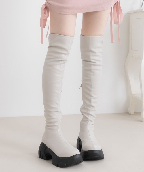 セール】厚底ソール美脚スリムフィットニーハイブーツ 【大きいサイズ