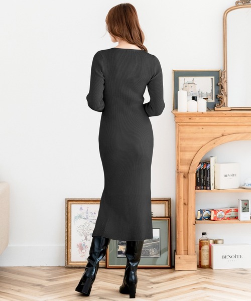 Julia Boutique（ジュリアブティック）の「選べるUネック・ハイネック スリット入りタイトニットワンピース（ワンピース・レディース・ピンク系1/ピンク系2/ブラック系1/アイボリー系1/アイボリー系2/ブラック系2・ONE）」の16枚目の写真