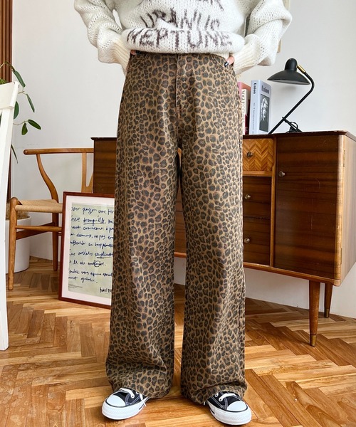 basic satinストレートパンツ　レオパードS レオパード柄パンツ パンツ ボトムス レディース 春 秋