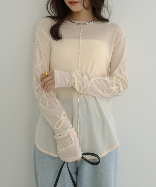 Freesia by andme(フリージアバイアンドミー)の「ニュアンスウェーブ刺繍シアー2wayトップス(Tシャツ/カットソー・レディース・チャコールグレー/アイボリー/ブラック・FREE)」の9枚目の写真