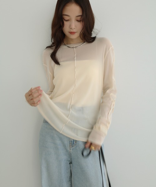Freesia by andme(フリージアバイアンドミー)の「ニュアンスウェーブ刺繍シアー2wayトップス(Tシャツ/カットソー・レディース・チャコールグレー/アイボリー/ブラック・FREE)」の20枚目の写真