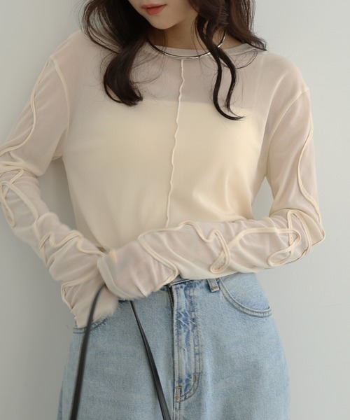 Freesia by andme(フリージアバイアンドミー)の「ニュアンスウェーブ刺繍シアー2wayトップス(Tシャツ/カットソー・レディース・チャコールグレー/アイボリー/ブラック・FREE)」の18枚目の写真