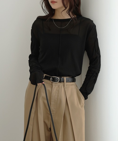 Freesia by andme(フリージアバイアンドミー)の「ニュアンスウェーブ刺繍シアー2wayトップス(Tシャツ/カットソー・レディース・チャコールグレー/アイボリー/ブラック・FREE)」の5枚目の写真