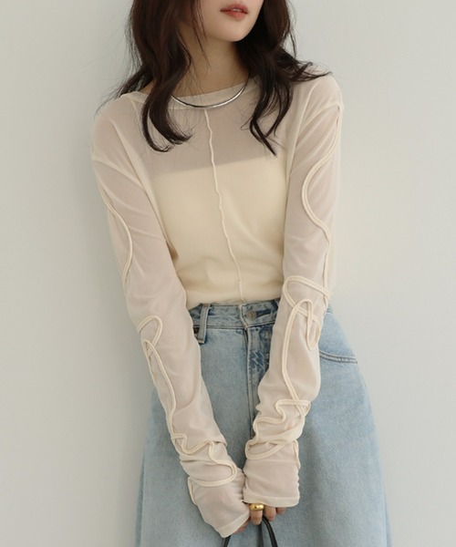 Freesia by andme(フリージアバイアンドミー)の「ニュアンスウェーブ刺繍シアー2wayトップス(Tシャツ/カットソー・レディース・チャコールグレー/アイボリー/ブラック・FREE)」の15枚目の写真