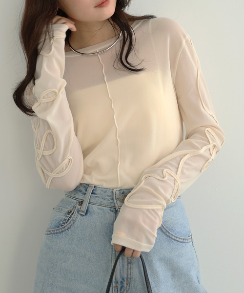 Freesia by andme(フリージアバイアンドミー)の「ニュアンスウェーブ刺繍シアー2wayトップス(Tシャツ/カットソー・レディース・チャコールグレー/アイボリー/ブラック・FREE)」の16枚目の写真
