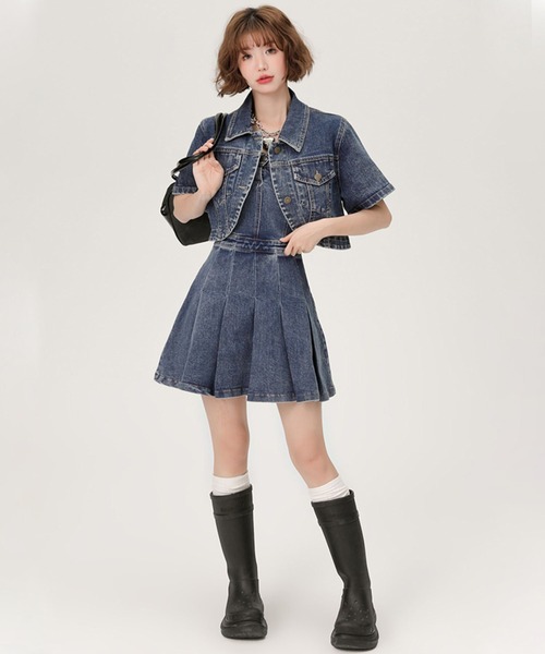 c.u.l(シーユーエル)の「プリーツ デニム キャミソールミニワンピース GH25s012 【Girlyhalo】(ワンピース・レディース・ブルー・L/M/S)」の4枚目の写真