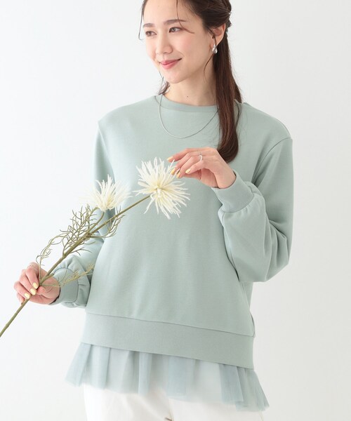 SHOO・LA・RUE(シューラルー)の「◆【洗える/S-LL】一枚でサマ見え 裾チュールレイヤードスウェット(Tシャツ/カットソー・レディース・グレー/チャコールグレー/グリーン系・01/02/03/04)」の3枚目の写真