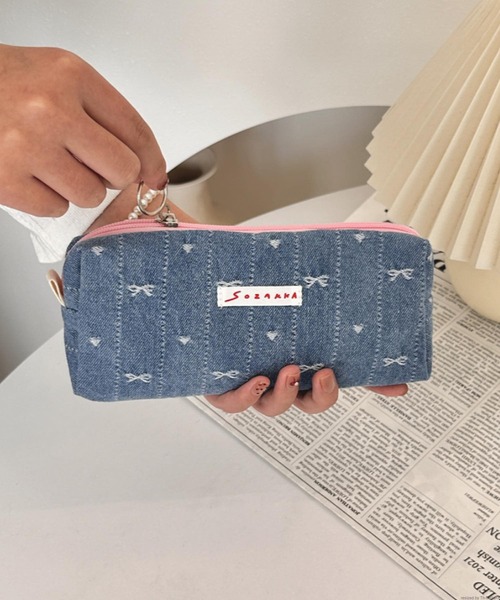 セール】Liaa/デニム ハート柄 リボン柄 ペンケース ポーチ A18566