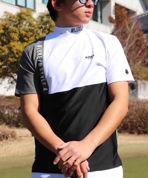 LUXE/R GOLF(ラグジュ ゴルフ)の「(RM)【LUXE/R GOLF】COOL & DRY ストレッチ スムース カラーブロック モックネック Tシャツ(Tシャツ/カットソー・メンズ・ホワイト系/ブラック系/ベージュ系/ブルー系・L/XL/M)」の1枚目の写真