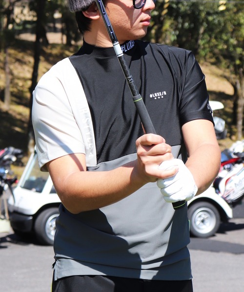 LUXE/R GOLF(ラグジュ ゴルフ)の「(RM)【LUXE/R GOLF】COOL & DRY ストレッチ スムース カラーブロック モックネック Tシャツ(Tシャツ/カットソー・メンズ・ホワイト系/ブラック系/ベージュ系/ブルー系・L/XL/M)」の2枚目の写真