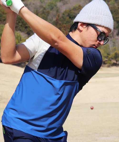 LUXE/R GOLF(ラグジュ ゴルフ)の「(RM)【LUXE/R GOLF】COOL & DRY ストレッチ スムース カラーブロック モックネック Tシャツ(Tシャツ/カットソー・メンズ・ホワイト系/ブラック系/ベージュ系/ブルー系・L/XL/M)」の4枚目の写真