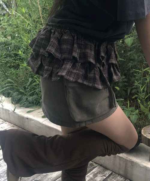 HALEY PESCA(ヘーリーペスカ)の「HALEY PESCA/レイヤードフリル チェック柄巻きスカート(スカート・レディース・ブラック/ブラウン・FREE)」の4枚目の写真