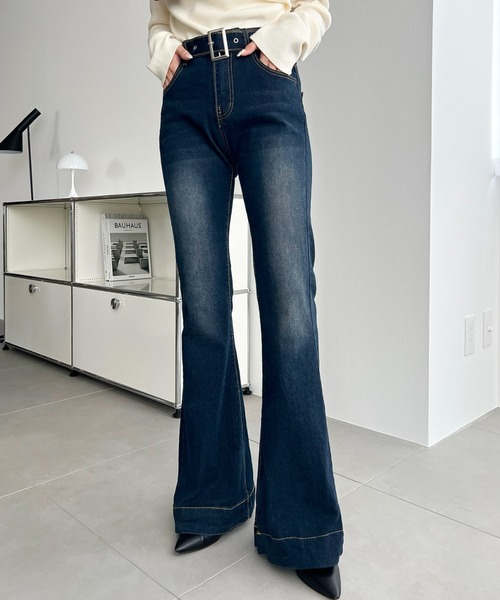 【タグ付】 LOSTHDWS フレアデニム 30 セール】ウエストベルトフレアデニムパンツ（デニムパンツ）｜LOULOU