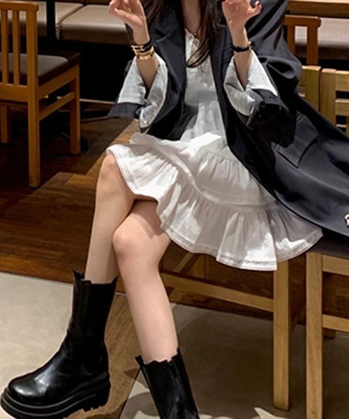 gossip!ロサンゼルス(ゴシップロサンゼルス)の「YUGA Vネックケーキスカート サスペンダードレス(ワンピース・レディース・ブラック/ホワイト・FREE)」の19枚目の写真