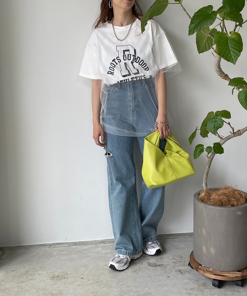210nouve(トゥージュヌーブ)の「チュールレイヤードカレッジプリントTシャツ(Tシャツ/カットソー・レディース・イエロー/アイボリー/ブラック・FREE)」の5枚目の写真