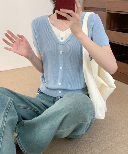 aimoha（アイモハ）の「ハートボタン Vネック ニットカーディガン（カーディガン/ボレロ・レディース・ブルー/ピンク/ホワイト/ライトグレー/ダークグレー/ベージュ・FREE）」の14枚目の写真