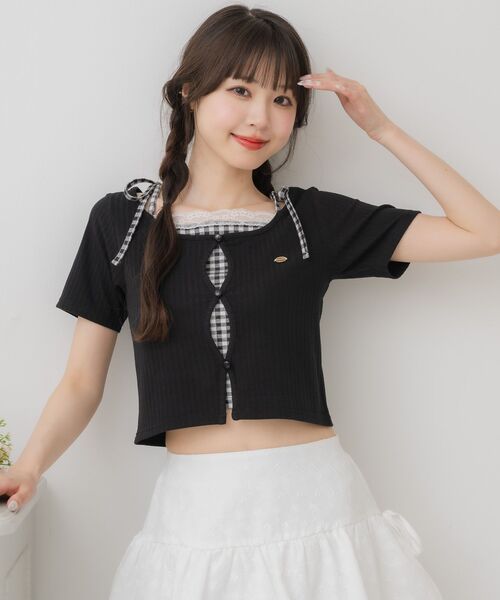 tシャツ 肩リボンモチーフカットソー レディース セール】肩リボンキャミドッキングCT（Tシャツ/カットソー