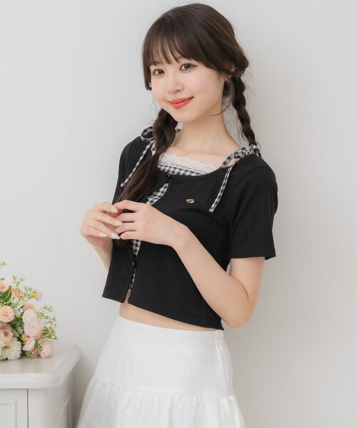 tシャツ 肩リボンドッキングベアキャミトップス レディース 肩リボンキャミドッキングCT|ems excite | RETRO GIRL ONLINE