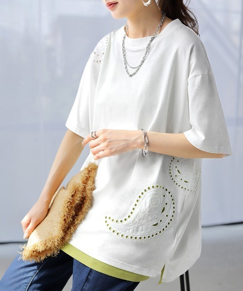HUG.U(ハグユー)の「ひんやり刺繍半袖T(Tシャツ/カットソー・レディース・ブラック/ホワイト・FREE)」の1枚目の写真