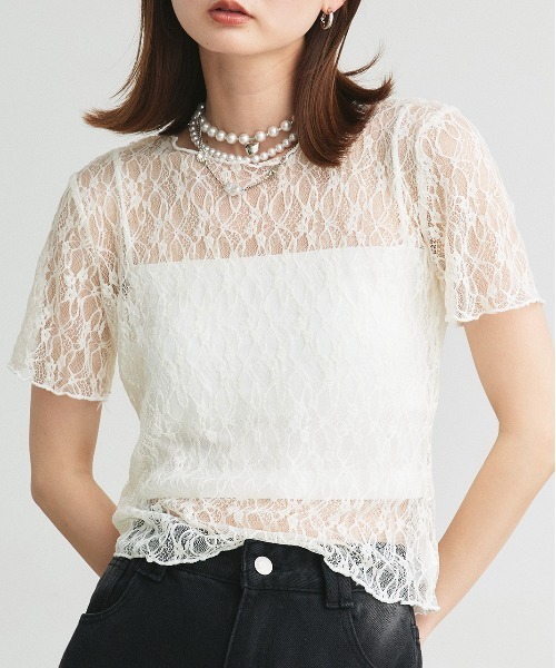 ad thie(アドティエ)の「ハーフスリーブ レースカットソー(Tシャツ/カットソー・レディース・オフホワイト/ブラック/アイボリー・FREE)」の1枚目の写真