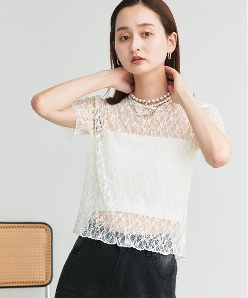 ad thie(アドティエ)の「ハーフスリーブ レースカットソー(Tシャツ/カットソー・レディース・オフホワイト/ブラック/アイボリー・FREE)」の6枚目の写真