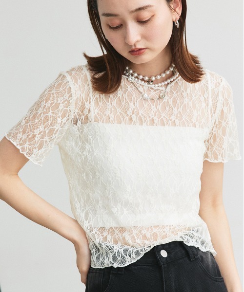 ad thie(アドティエ)の「ハーフスリーブ レースカットソー(Tシャツ/カットソー・レディース・オフホワイト/ブラック/アイボリー・FREE)」の7枚目の写真