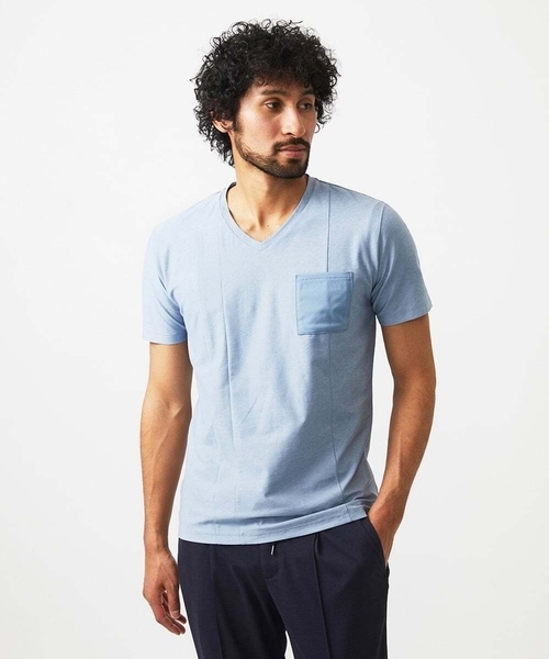 MICHEL KLEIN HOMME (ミッシェルクランオム)の「リネン混Vネックカットソー(Tシャツ/カットソー・メンズ・ライトブルー/ネイビー・MEDIUM/LARGE/X-LARGE)」の2枚目の写真