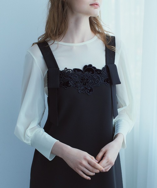STRAWBERRY-FIELDS(ストロベリーフィールズ)の「ニットチュール_ストレッチチュールトップス(Tシャツ/カットソー・レディース・オフホワイト/ブラック/ピンク・2)」の2枚目の写真