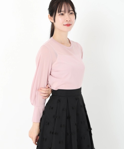STRAWBERRY-FIELDS(ストロベリーフィールズ)の「ニットチュール_ストレッチチュールトップス(Tシャツ/カットソー・レディース・オフホワイト/ブラック/ピンク・2)」の1枚目の写真