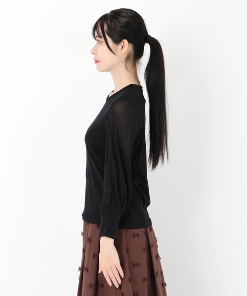 STRAWBERRY-FIELDS(ストロベリーフィールズ)の「ニットチュール_ストレッチチュールトップス(Tシャツ/カットソー・レディース・オフホワイト/ブラック/ピンク・2)」の5枚目の写真