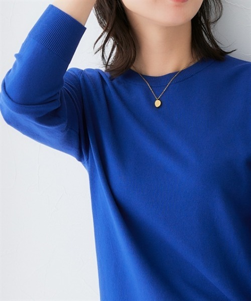 【美品】日本製★GALERIE VIE★青★クルーネックニット★長袖 mizuiro ind（ミズイロインド） ミドルゲージ クルーネック ワイド