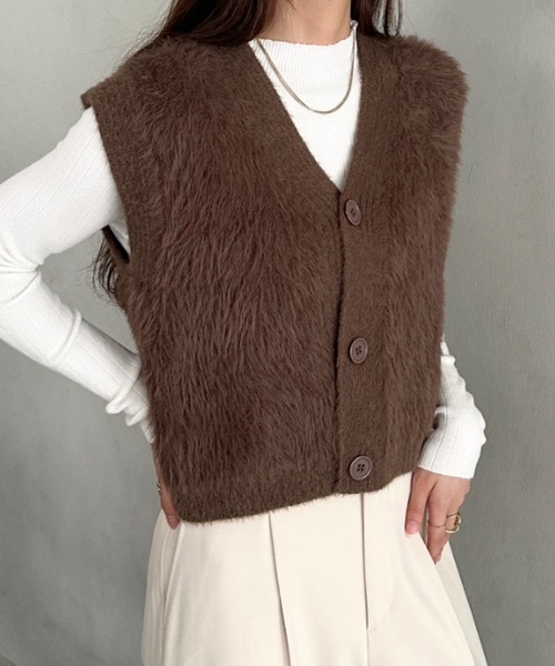 セール】フロントボタンシャギーニットベスト（ベスト）｜MYMOOD