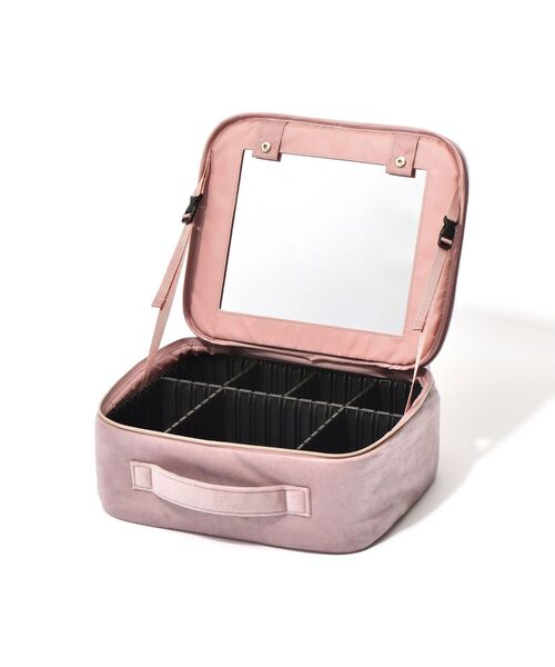 ベロアリボン メイクバッグ ピンク 仕切り ミラー付き 角度調節