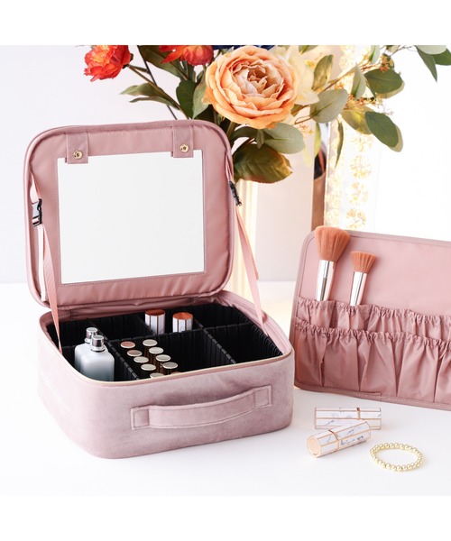 ベロアリボン メイクバッグ ピンク 仕切り ミラー付き 角度調節