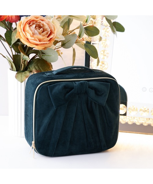 ベロアリボン メイクバッグ ピンク 仕切り ミラー付き 角度調節