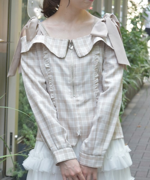 axes femme(アクシーズファム)の「チェックオフショルリボンプルオーバー(シャツ/ブラウス・レディース・グレー/ベージュ/ブラック・FREE)」の1枚目の写真